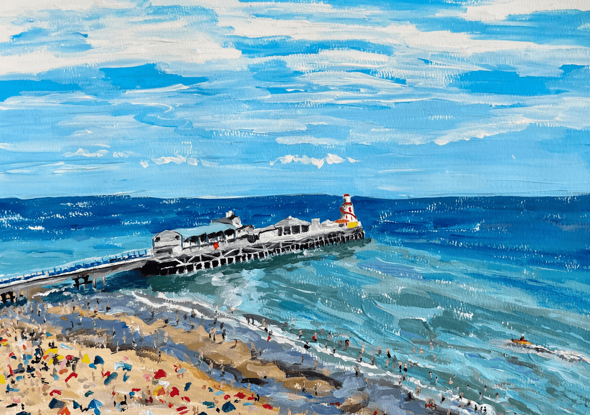 Bright seaside pier and crowded beach scene with turquoise water