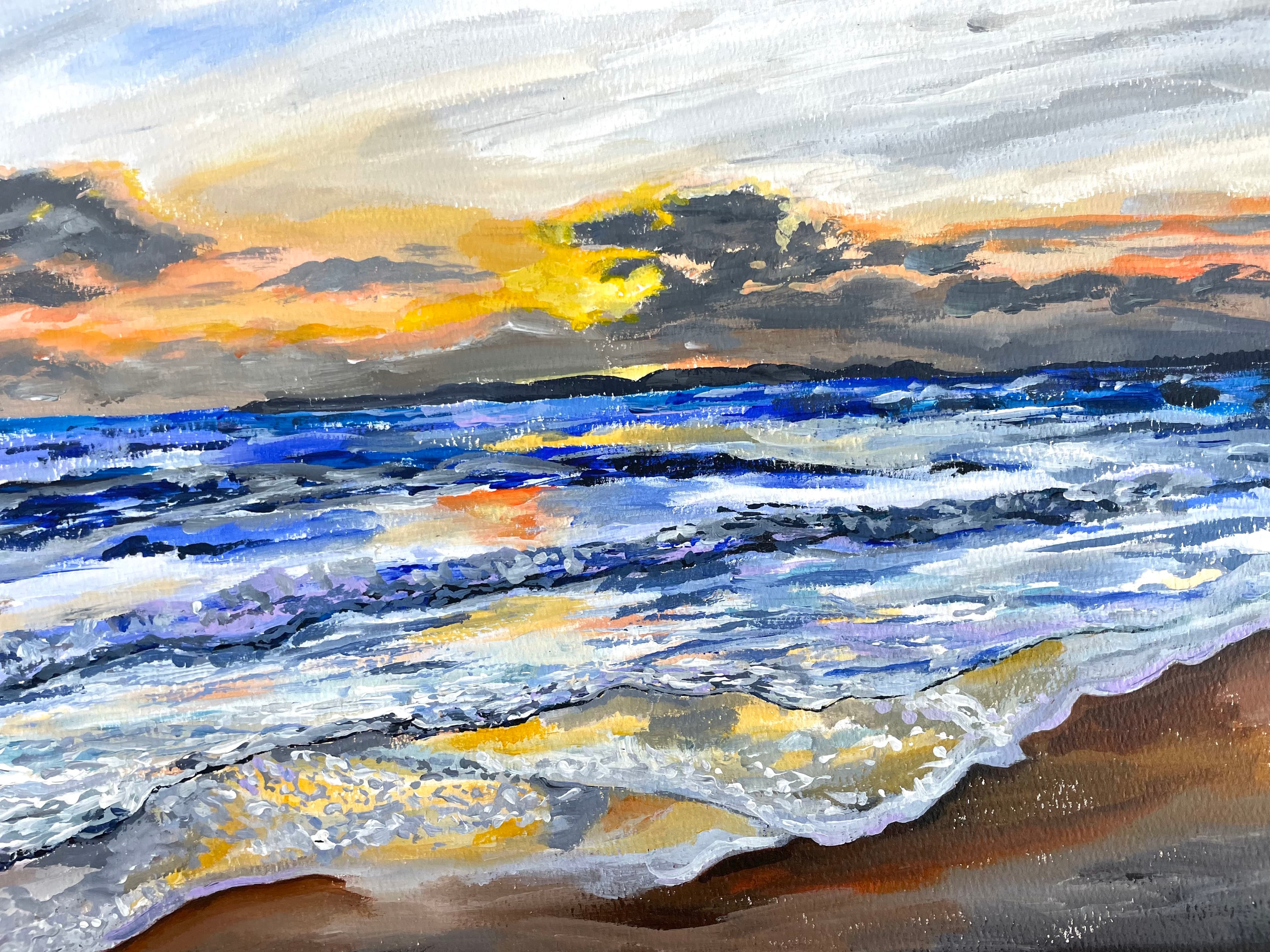 Expressive sunset seascape with dark clouds, blue waves and yellow light